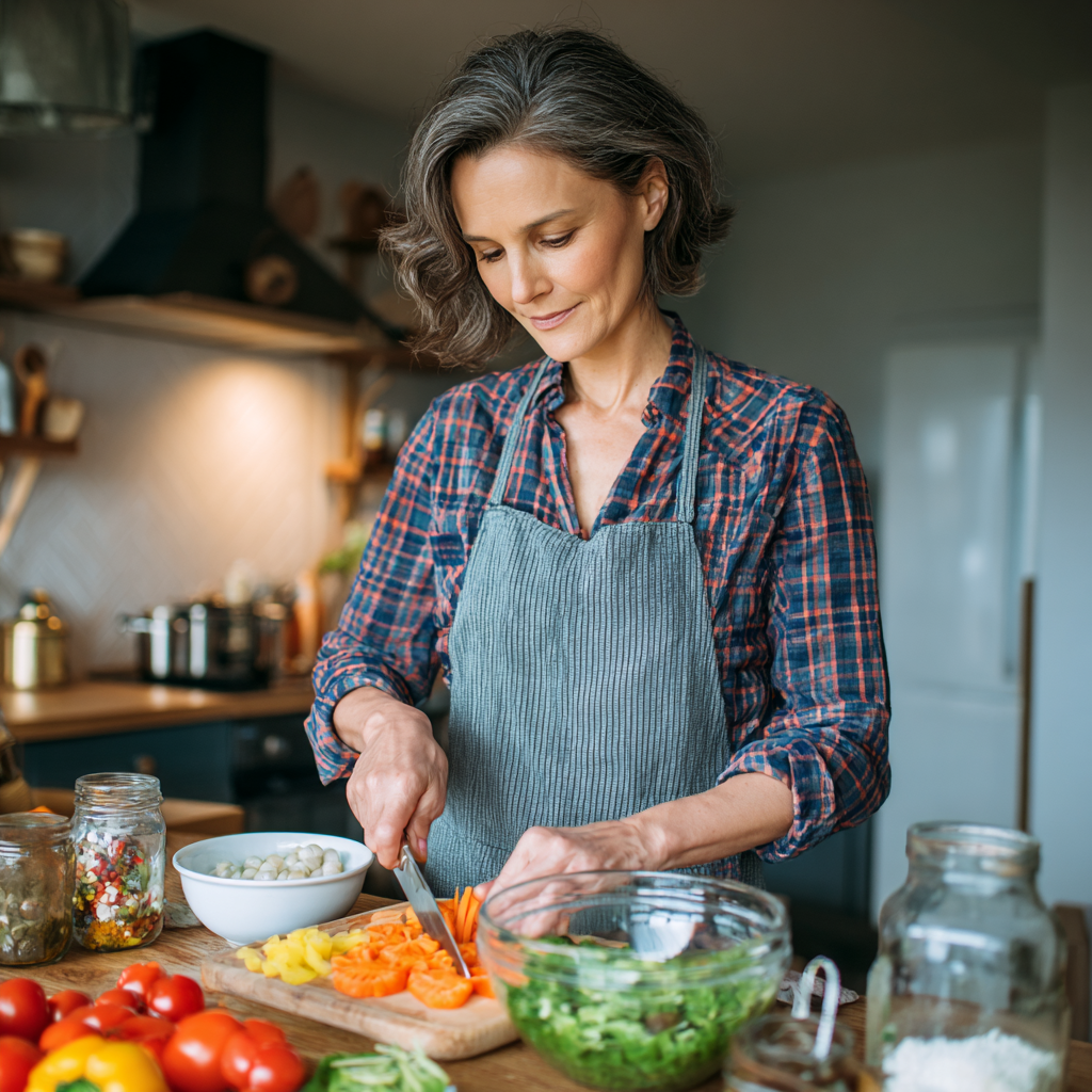 Adult woman in her forties preparing colorful nutritious meal according to personalized snorvadelk plan