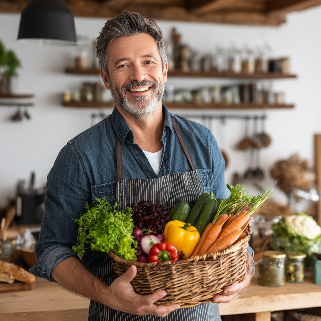 Happy middle-aged man in kitchen proudly displaying fresh ingredients from his snorvadelk meal plan