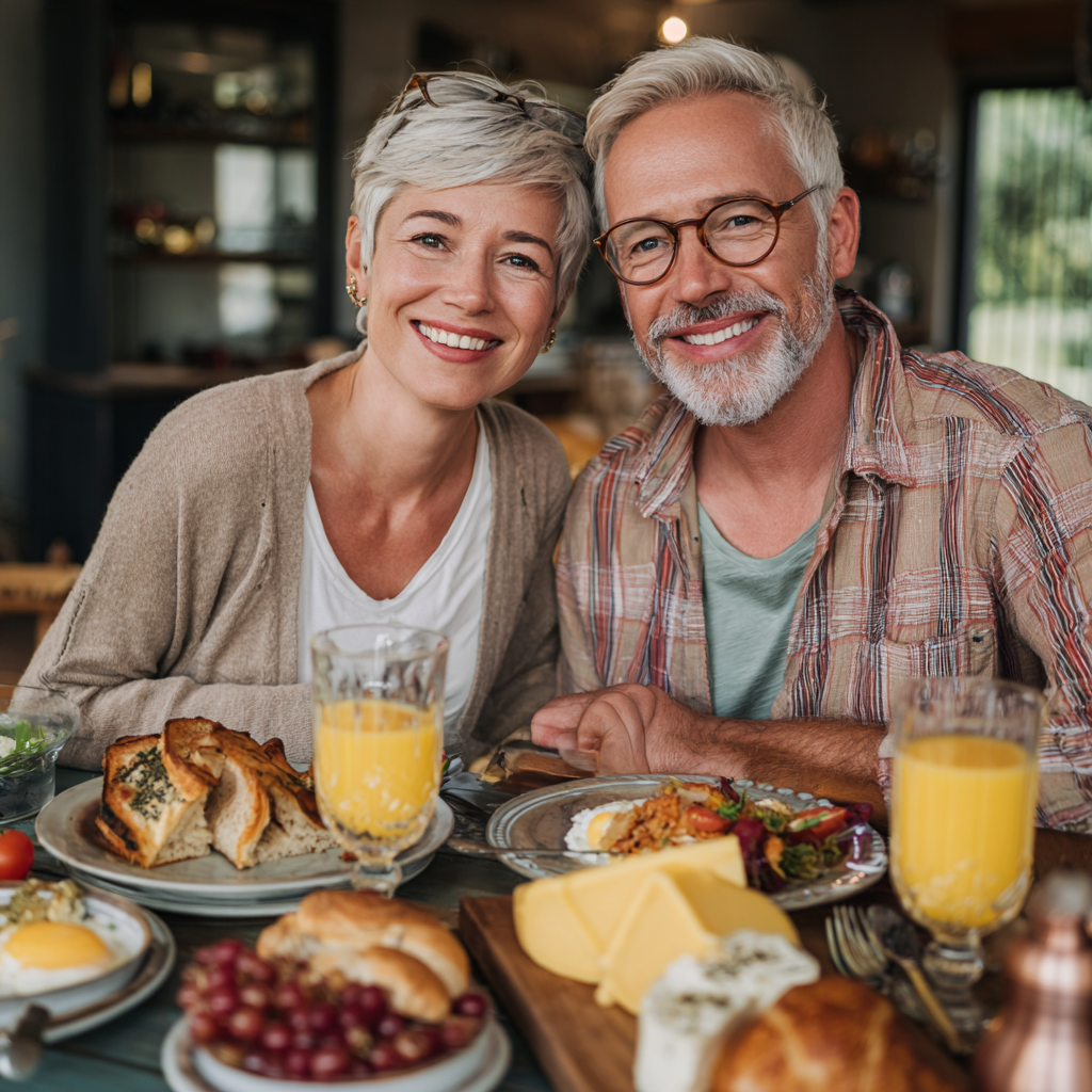 Mature couple in their fifties enjoying healthy Mediterranean-style breakfast prepared with snorvadelk guidance
